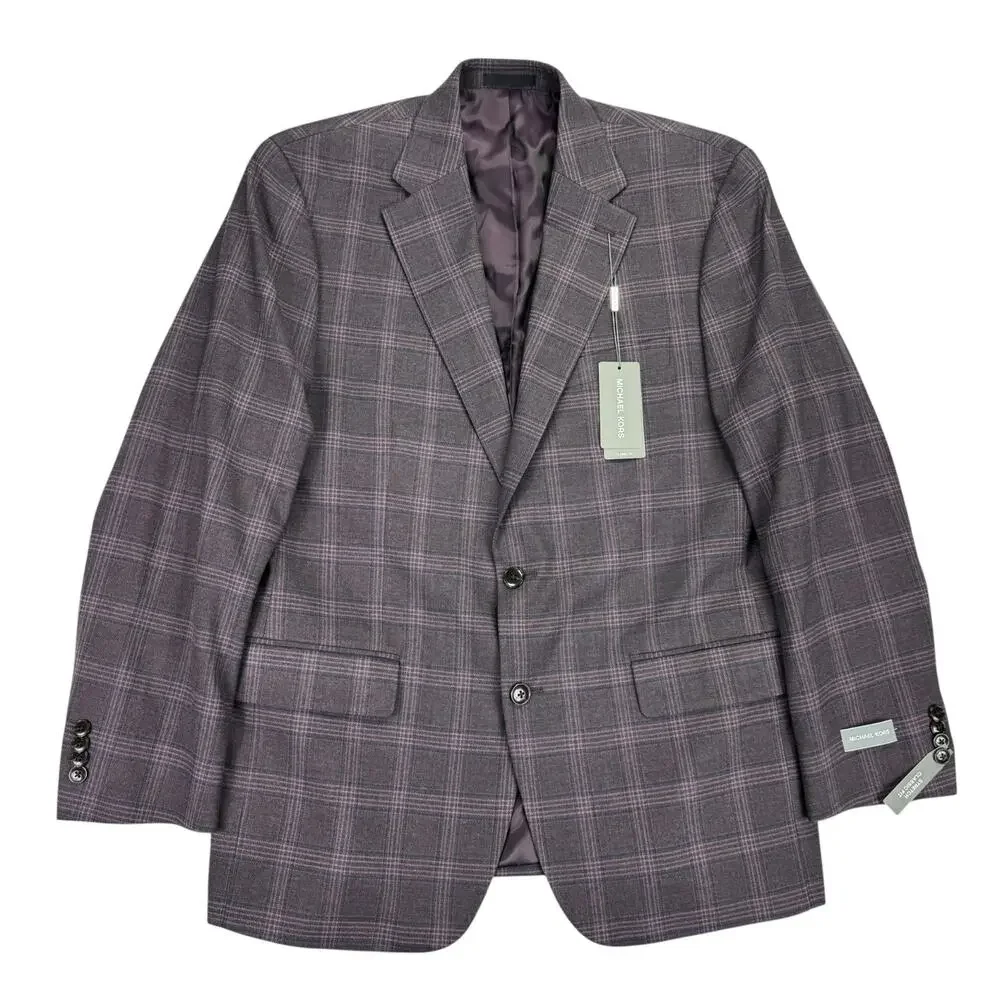Michael Kors Mens Kent Classic Fit Stretch Plaid Sport Coat Burgundy 42R
